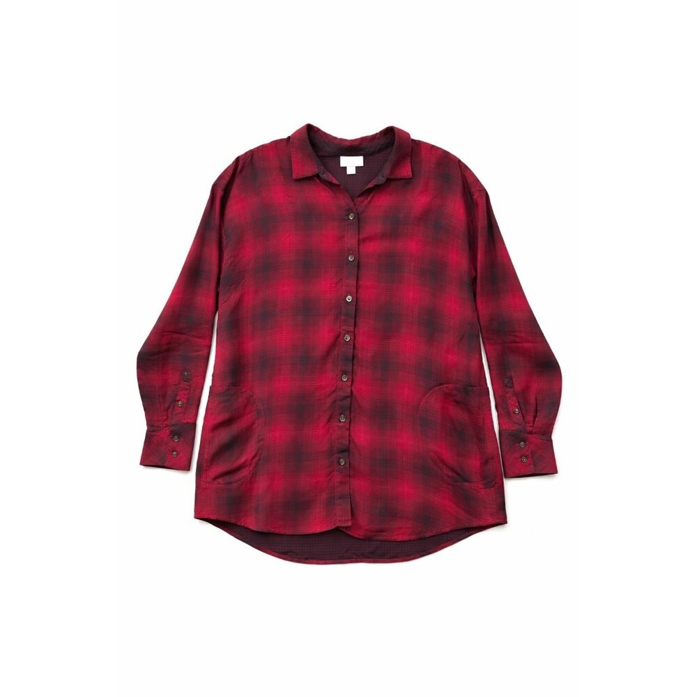 J Jill Red Black Plaid Rayon Shirt M‎ Long Sleeve Button Down Pockets